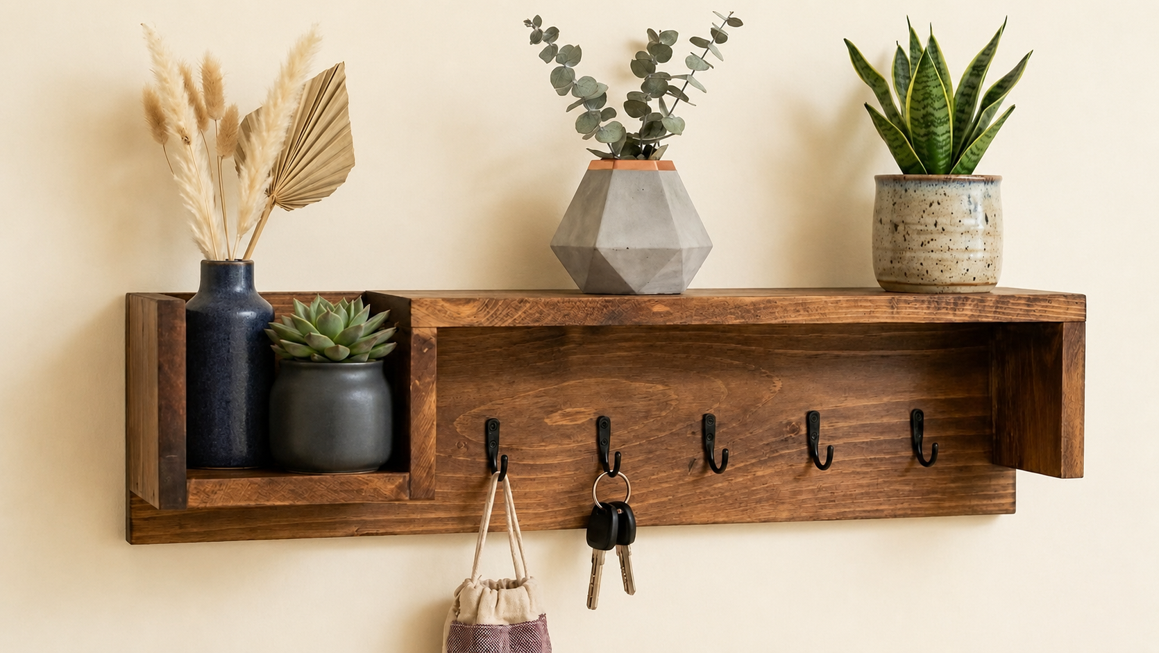 Rustic Wooden Entryway Key Holder & Mail Organizer Shelf