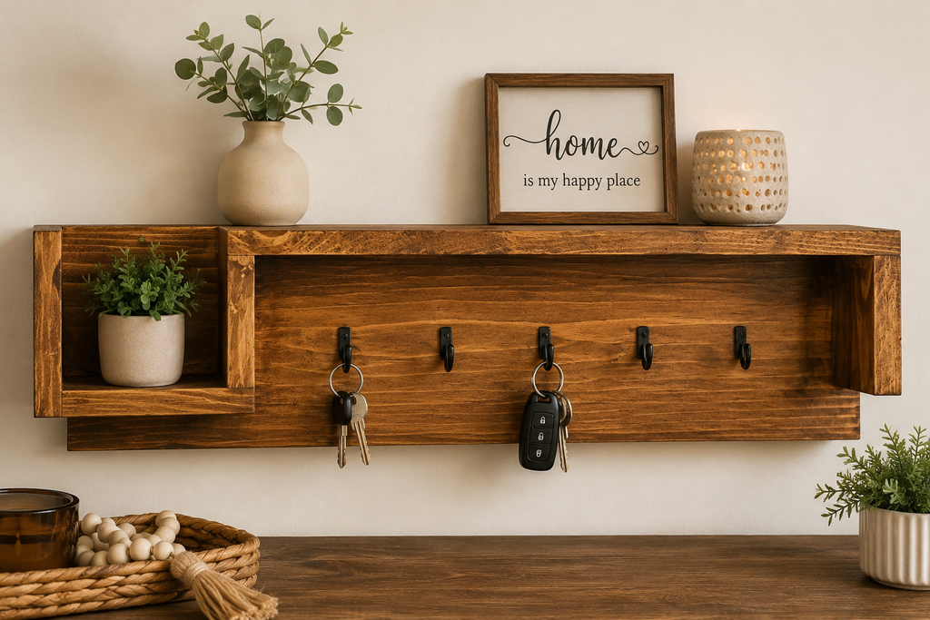 Rustic Wooden Entryway Key Holder & Mail Organizer Shelf